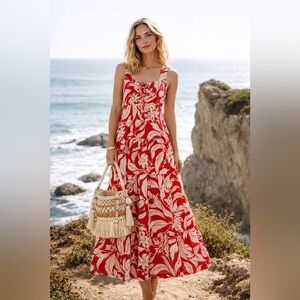 Who What Wear Tropical Floral Lace Up Tiered Maxi Dress, Orange & Cream, Size S